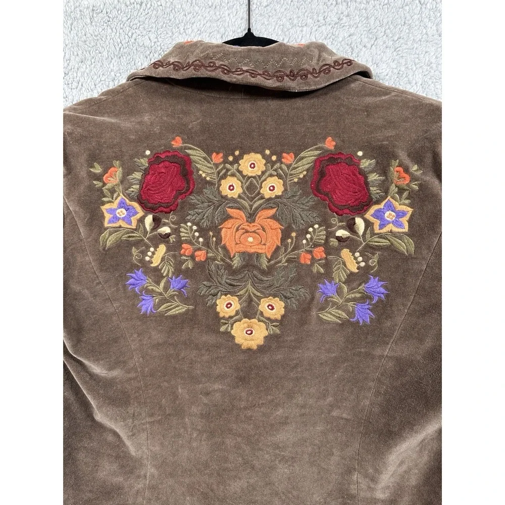 J Jill Women's‎ Floral Embroidered Jacket Coat Duster Boho Hippie Brown XS